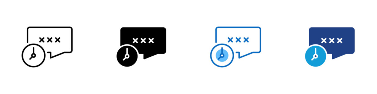 Session Timeout Error Multiple Style Icon Design Vector - Clock with speech bubble showing X marks representing session timeout, expired message error, and invalid time notification for systems