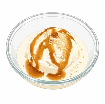 Vanilla ice cream scoop with kuromitsu brown sugar syrup and kinako powder in glass bowl vector illustration isolated on white background