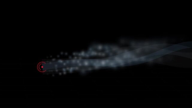 Abstract motion graphic with a glowing red target icon and trailing smokelike particles, representing speed, focus, or a digital projectile
