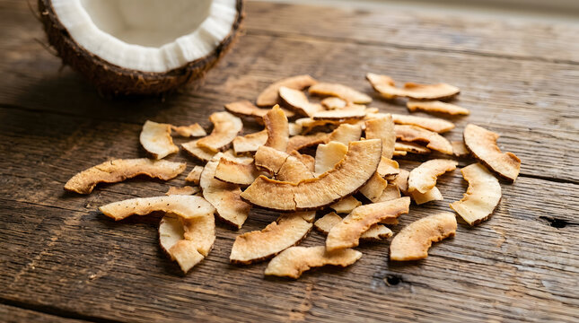 Golden Toasted Coconut Chips on Wood