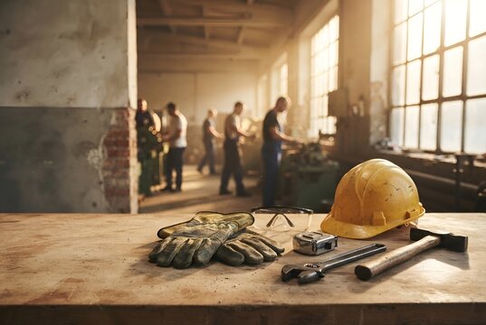 Safety helmet, work gloves, and construction tools on a wooden workbench with workers in a factory background

