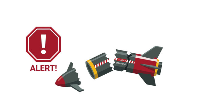 Broken missile rocket illustration with red alert danger warning sign for security failure concept