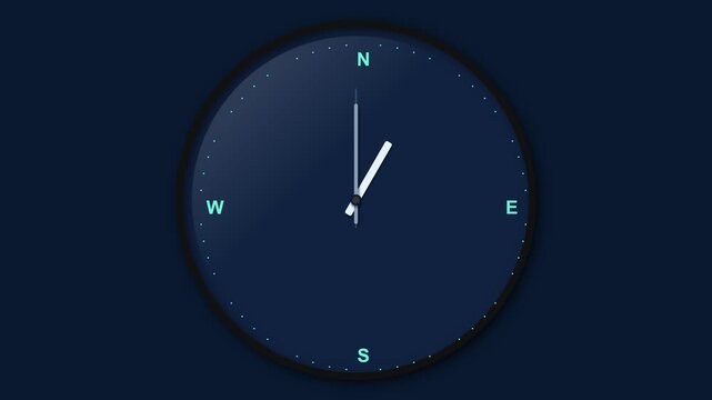 Compass clock face animation showing cardinal directions with rotating hands in dark blue graphic motion footage for modern navigation design