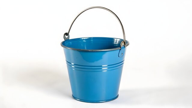 Blue metal bucket with handle stands isolated on a solid white background.