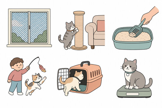 Six scenes about keeping a cat safely indoors, arranged in a large open 2x3 grid