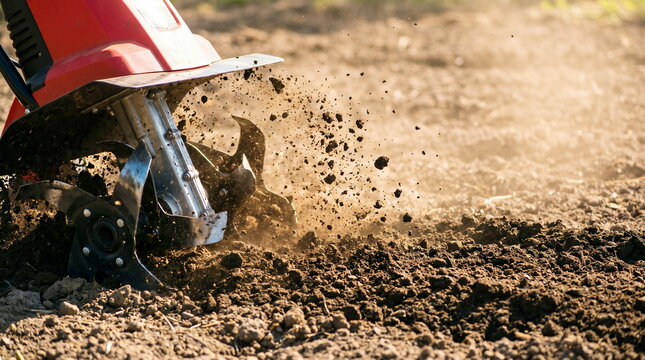 Rototiller tilling soil in garden field for spring planting preparation.