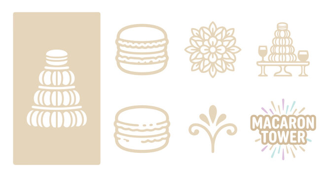 Elegant beige macaron tower icon set and dessert-themed vector illustrations featuring minimalist flat style, luxury pastry branding elements, and floral motifs for boutique bakery identity.