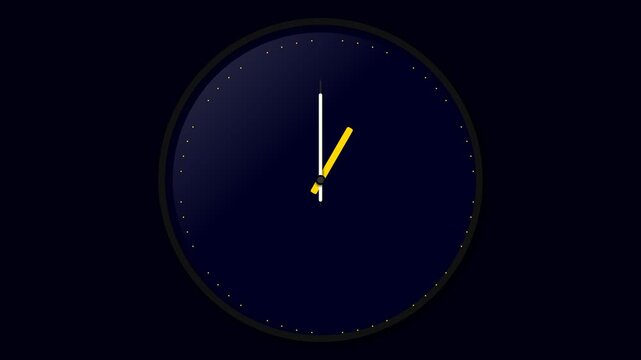 Minimalist clock with moving yellow and white hands spinning in circular motion against a dark blue background animated video footage