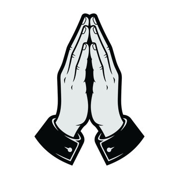Praying hands in prayer gesture with clasped fingers and black cuffs on white background