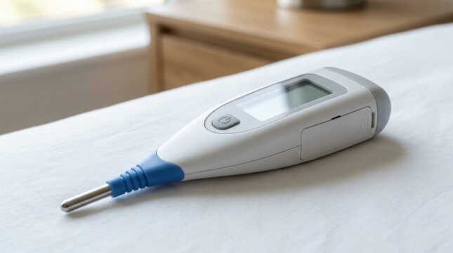 Medical digital thermometer with blue details lies on a clean white bed sheet in a bedroom, ready for checking body temperature during illness at home.