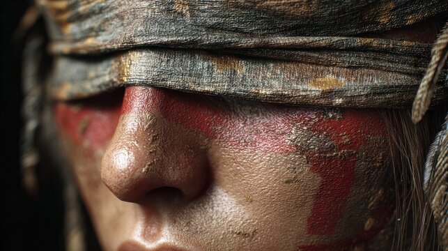 Close up face of a person wearing head wrap and red paint around the eyes