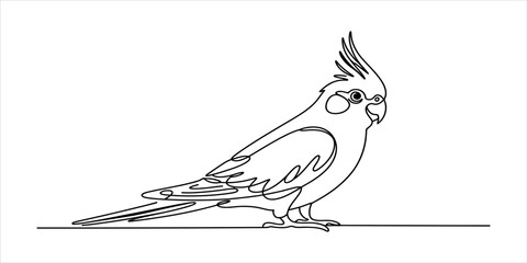 Cockatiel bird drawing made with a single continuous line style for a simple minimalist logo or creative icon design © Rotna