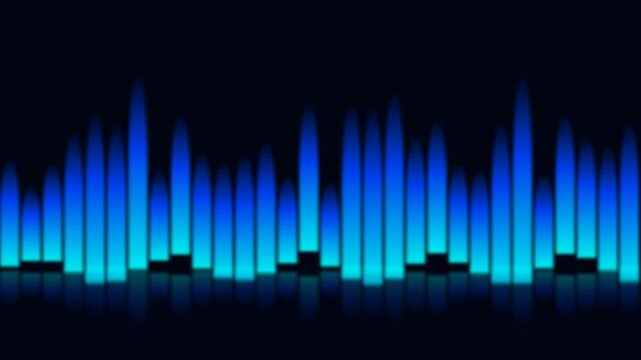 Digital sound wave equalizer displaying vibrant blue rhythmic bars rising and falling in this high definition motion graphic video clip