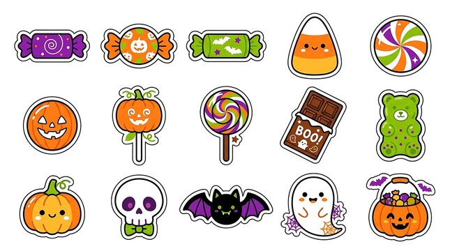 Colorful halloween candies and treats arranged in a grid pattern for festive celebrations