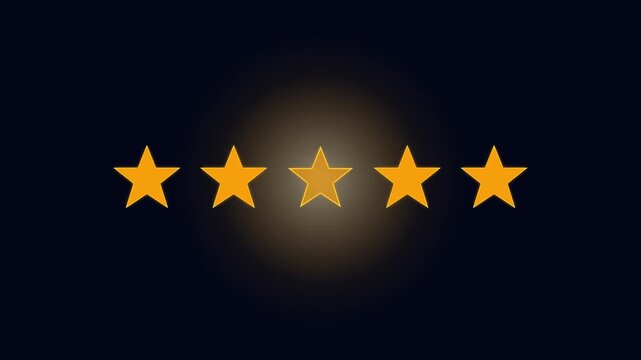 Five Golden Stars Rating Animation for Customer Feedback and Quality Service Review on Dark Background