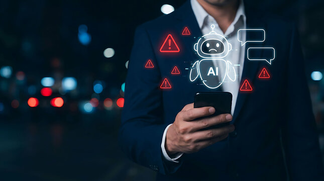 Businessman using mobile phone with sad AI robot icon and red warning signs