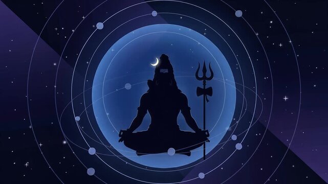 Lord Shiva Meditating in Universe Silhouette with Trident and Moon