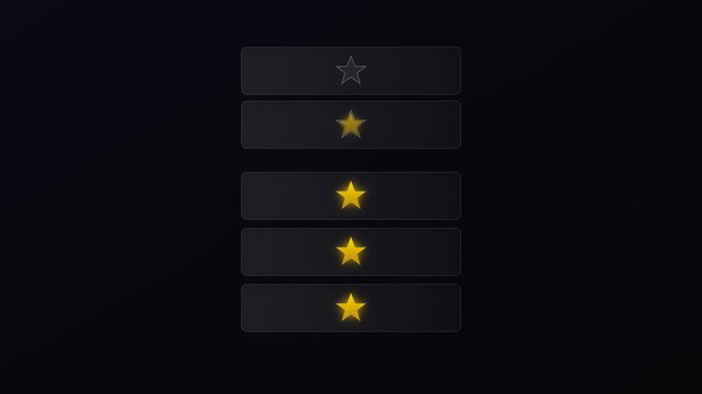 Animated Five Golden Stars Rating Icons Set on Dark Background for Customer Feedback and Reviews