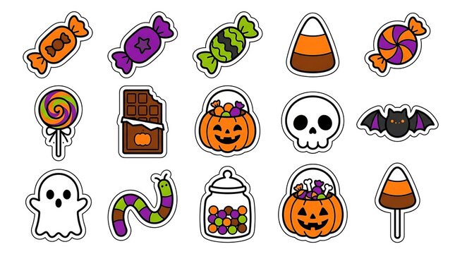 Colorful hand drawn halloween candy and spooky elements collection for festive designs