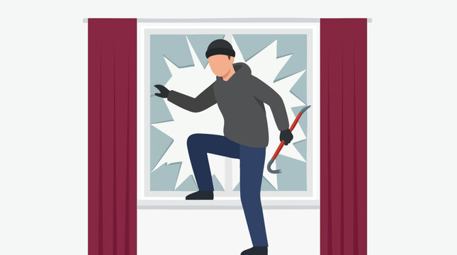Burglar breaking into a home through a shattered window with a crowbar