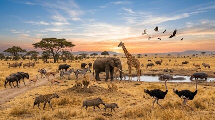 Fototapeta premium Diverse African Wildlife Gathering at a Watering Hole in the Savanna During a Golden Sunset