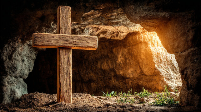 Wooden crucifix standing before an empty tomb opening with warm glowing light inside