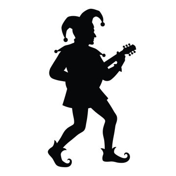 Medieval jester silhouette playing lute, court fool musician in traditional hat, vintage harlequin performer vector illustration isolated on White Background