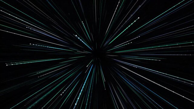 Abstract hyperspace jump background with fast moving light streaks and glowing particles, futuristic warp speed tunnel effect in deep space
