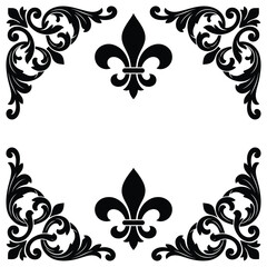 Vintage fleur de lis corner borders, black damask floral scroll ornaments, elegant baroque frame elements vector isolated on White Background © LIPI