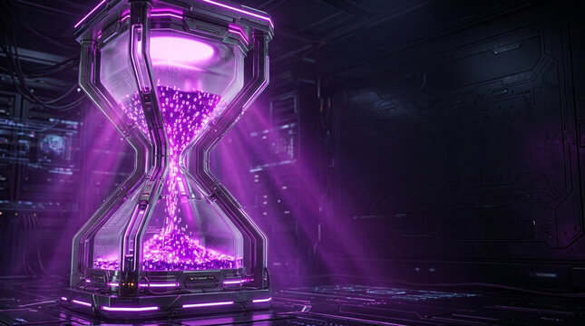 Futuristic digital hourglass filled with glowing purple binary code particles inside a dark sci-fi laboratory or server room with volumetric light rays and empty copy space.