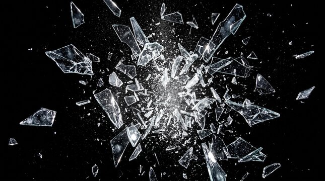Abstract explosion of shattered glass shards and broken fragments flying against a black background representing destruction impact and chaos with sharp transparent pieces in dynamic motion.