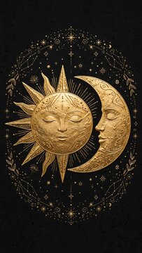 Mystical golden celestial sun and crescent moon with sleeping faces surrounded by stars and constellations on a dark black textured background in boho esoteric style
