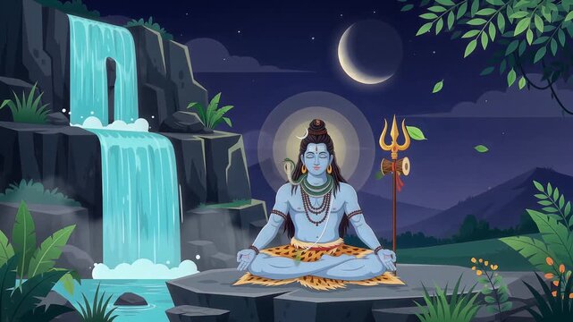 Lord Shiva Meditating in Serene Night Landscape with Waterfall