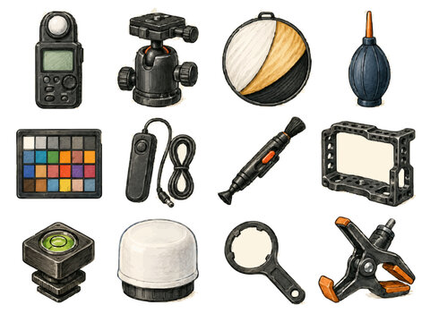 Colorful hand drawn professional photographer tools vector icon set