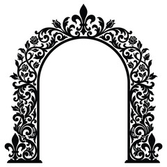 Vintage floral arch silhouette, ornate baroque frame with roses and fleur de lis, decorative wedding archway vector isolated on White Background © LIPI