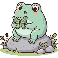 Fototapeta premium Cute cartoon green frog sitting on a grey rock holding a small green butterfly in a natural garden setting