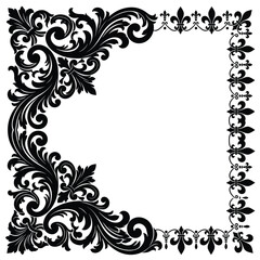 Vintage baroque corner frame, ornate damask floral border, black filigree scrollwork vector, elegant fleur de lis wedding invitation ornament isolated on White Background © LIPI