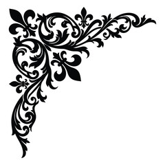 Vintage baroque corner ornament, black floral damask scroll vector, elegant fleur de lis frame element for wedding invitations isolated on White Background © LIPI