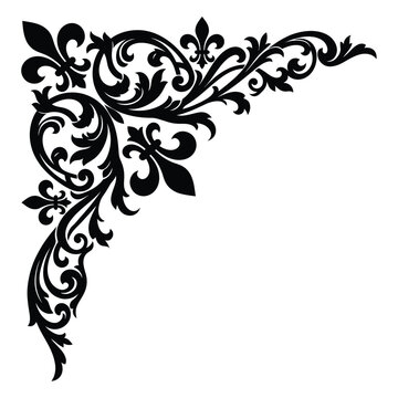 Vintage baroque corner ornament, black floral damask scroll vector, elegant fleur de lis frame element for wedding invitations isolated on White Background