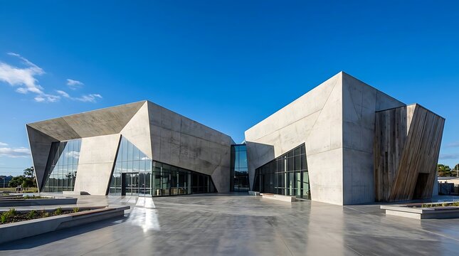 Dynamic angular concrete structures with expansive glass panels reflect contemporary architectural innovation and sophisticated design principles, standing boldly against a clear blue sky