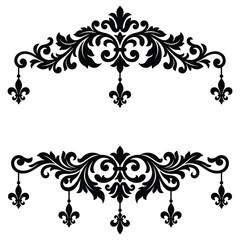 Vintage damask floral border vector, elegant black fleur de lis scrollwork, ornate baroque filigree frame elements for wedding invitations isolated on White Background © LIPI