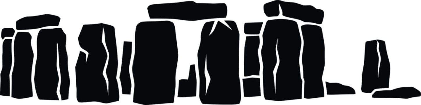 Black silhouette illustration of Stonehenge prehistoric monument with upright stones and horizontal lintels arranged in circular formation for archaeology, history, culture, and educational projects