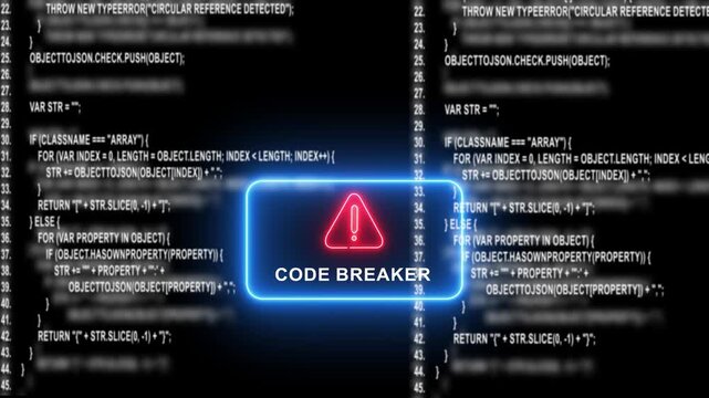 Code breaker neon sign over scrolling programming source code background, for cyber security, and hacking concept