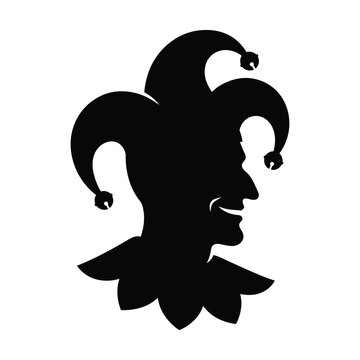 Medieval jester silhouette profile, court fool head with bell hat vector, black harlequin character icon for carnival and theater isolated on White Background