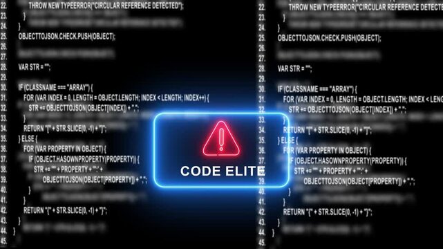 Code elite neon warning sign over scrolling software programming source code background, coding development