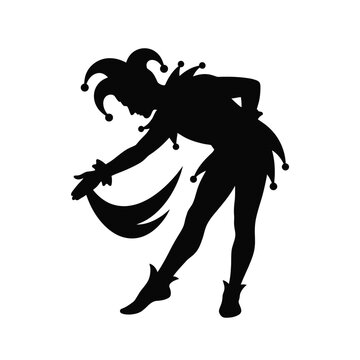 Medieval jester silhouette, court fool character in traditional costume, black harlequin performer vector illustration isolated on White Background