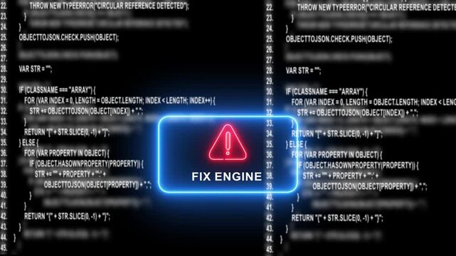Fix engine warning notification over scrolling programming code background, for software development, and debugging concepts