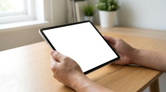 Person holding a blank white screen tablet device on a wooden table, ideal for showcasing digital content or app interfaces