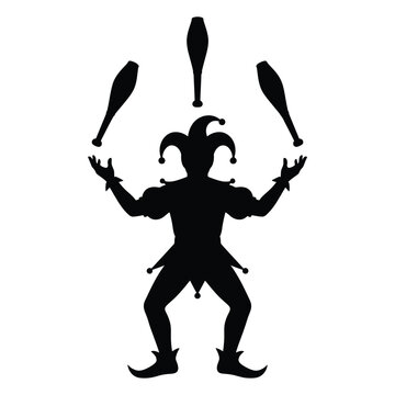 Jester silhouette juggling clubs, medieval harlequin performer icon, black circus joker vector illustration isolated on White Background