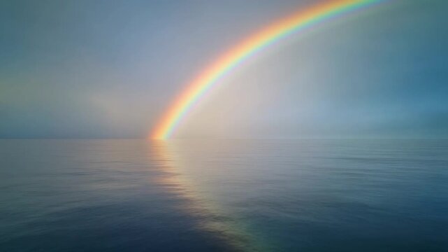 Panoramic View of Calm Sea at Sunrise Featuring a Large Rainbow and Soft Light Rays Full HD Background